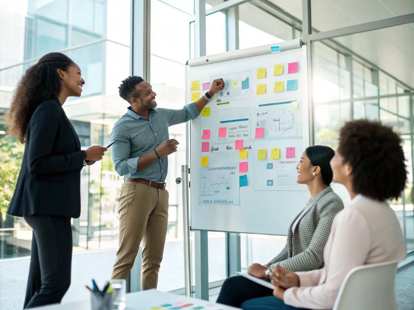 A visual of a team analyzing charts and strategic plans on a whiteboard.