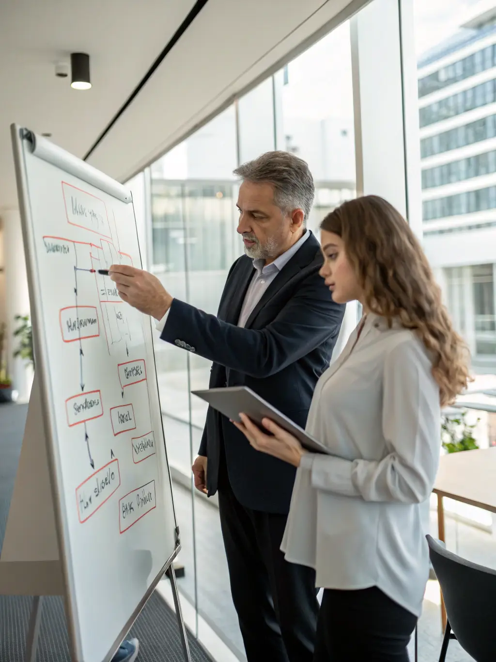 A consultant working with a client to map out and optimize a business process flow on a whiteboard, showcasing AUREO NEXUS LLC's process optimization expertise.