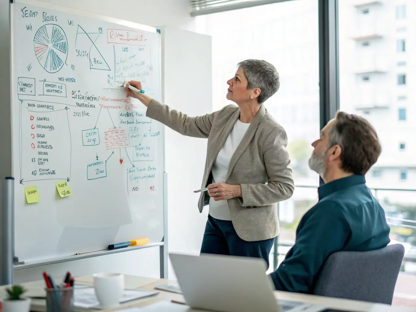 A consultant analyzing a business process flowchart, highlighting areas for improvement, symbolizing process optimization services.