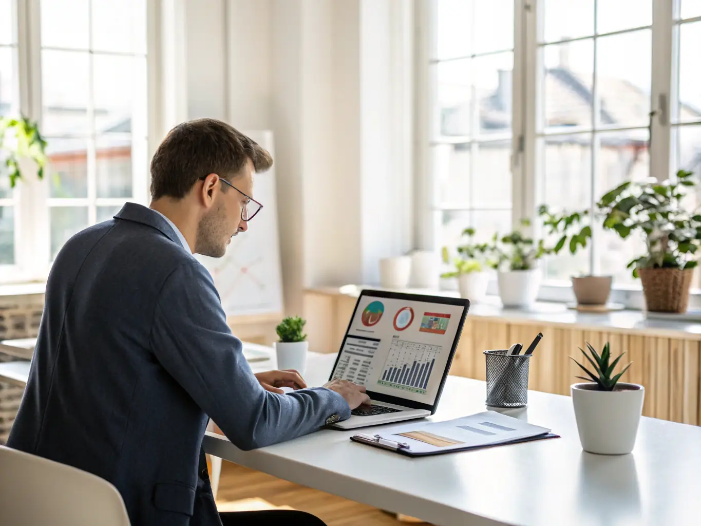 A consultant reviewing data analytics on a laptop, with charts and graphs displayed, in a modern office setting, symbolizing data-driven decision-making.