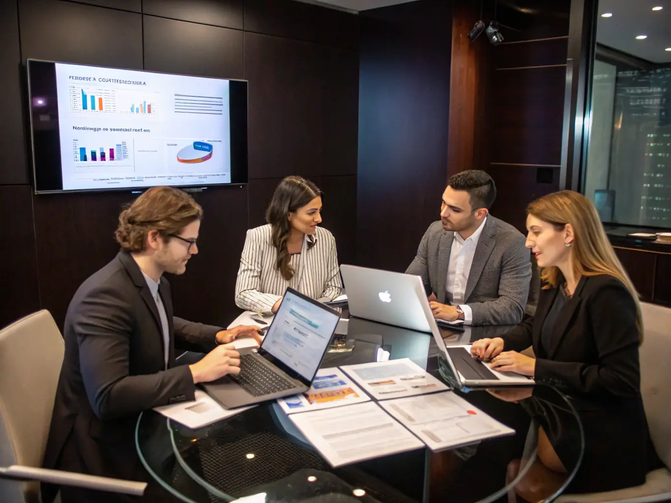A team of consultants collaborating on a strategic plan in a brightly lit conference room, with sticky notes and diagrams covering the walls, representing strategic support services.