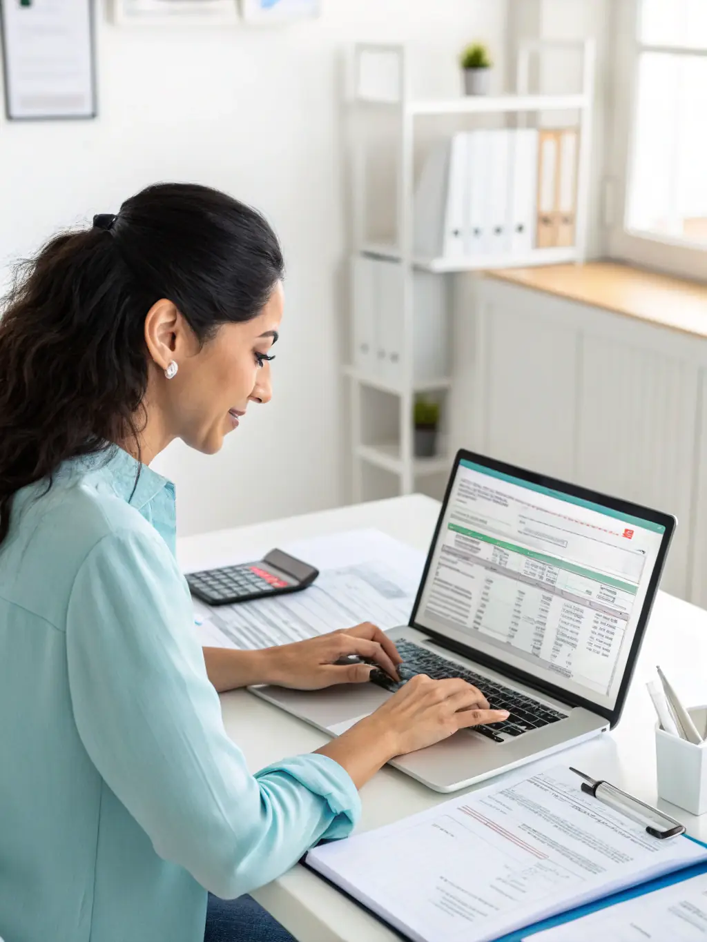 A professional working on administrative documents with a computer and organizational charts, showcasing administrative consulting services.