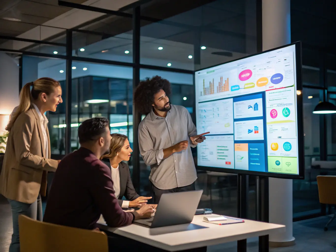 A project manager overseeing a team working on a project timeline, with Gantt charts and project milestones displayed on a digital dashboard, illustrating project coordination services.
