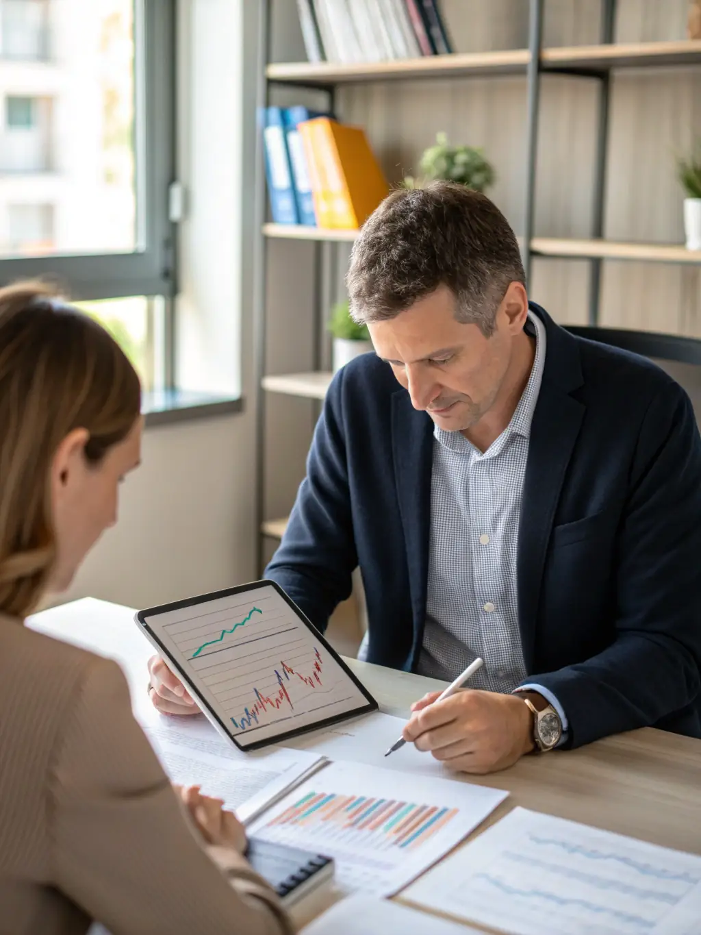 A consultant reviewing administrative workflows and systems with a client, highlighting AUREO NEXUS LLC's administrative consulting services.
