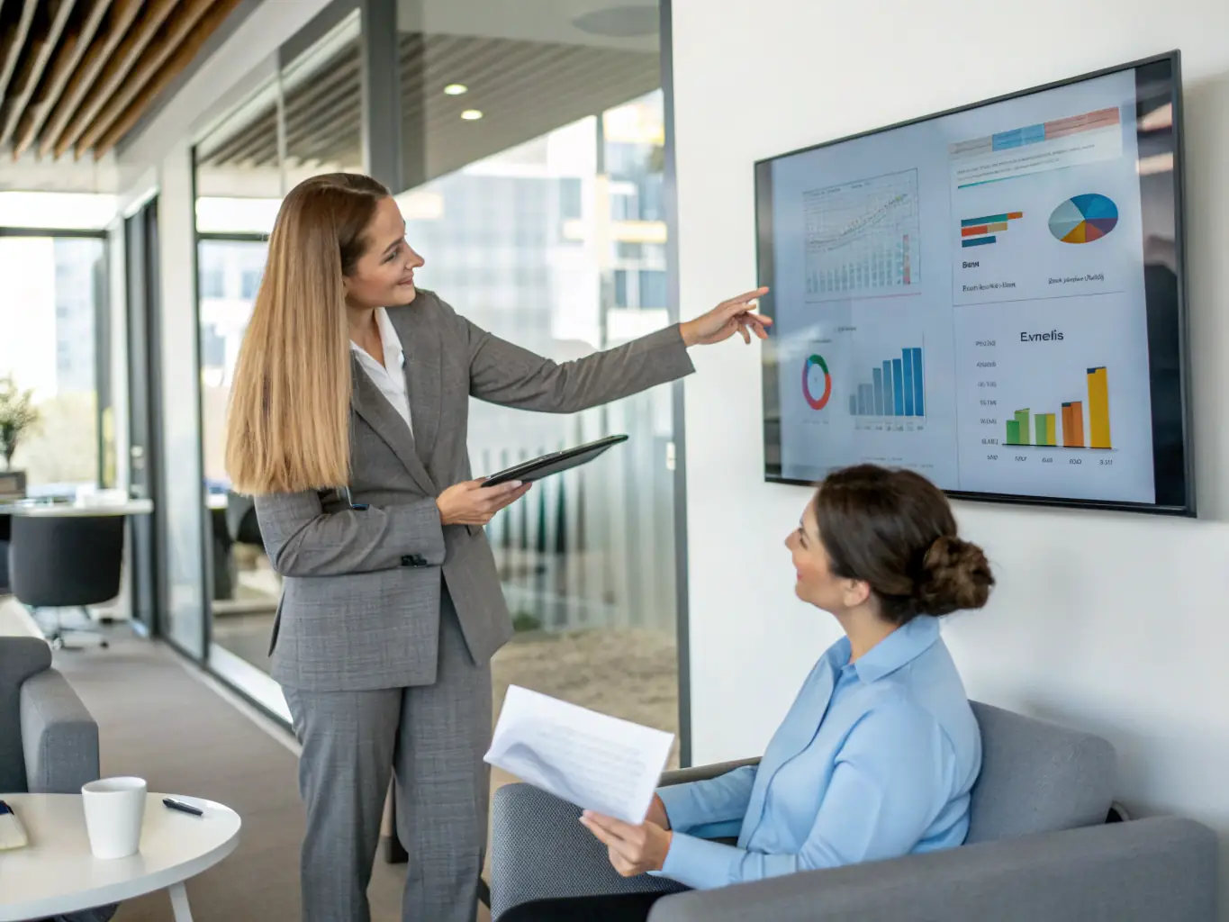 A consultant in a modern office setting, advising a client on business strategies, with charts and graphs displayed on a large screen in the background, symbolizing business advisory services.