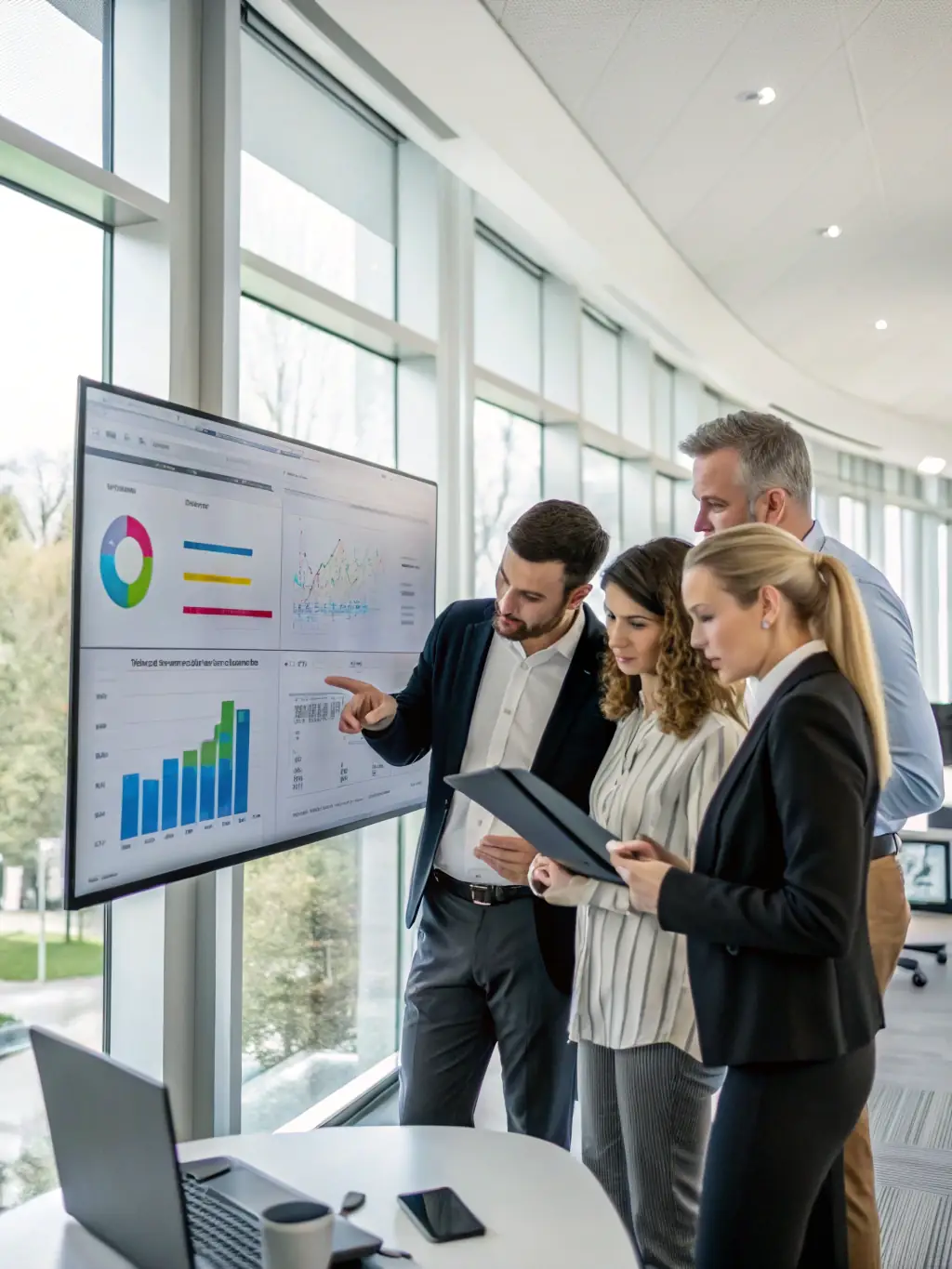 A team of consultants analyzing market data and trends on a large screen, illustrating AUREO NEXUS LLC's strategic support capabilities.