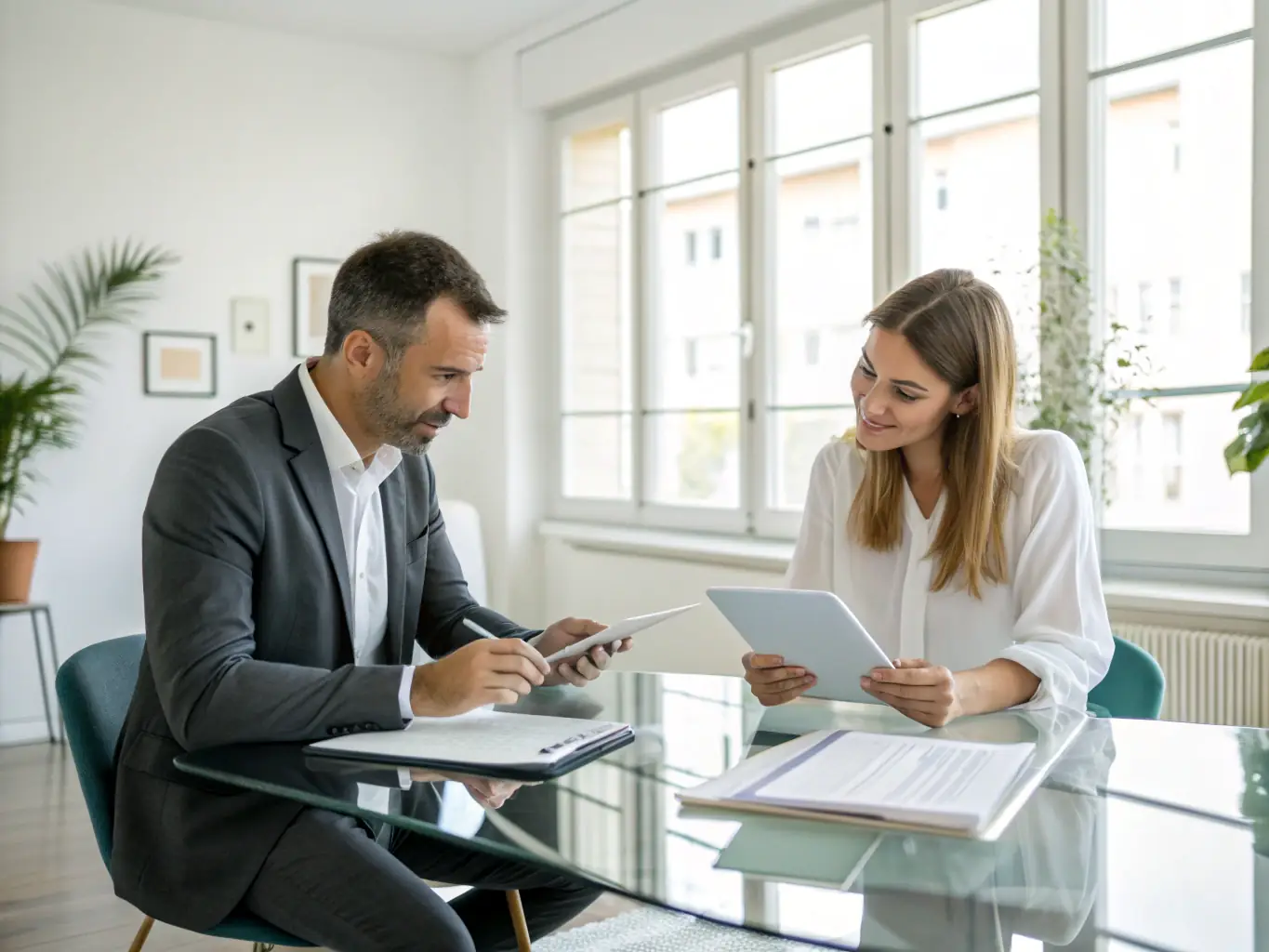 An image of a business consultant discussing strategies with clients over documents and a laptop.
