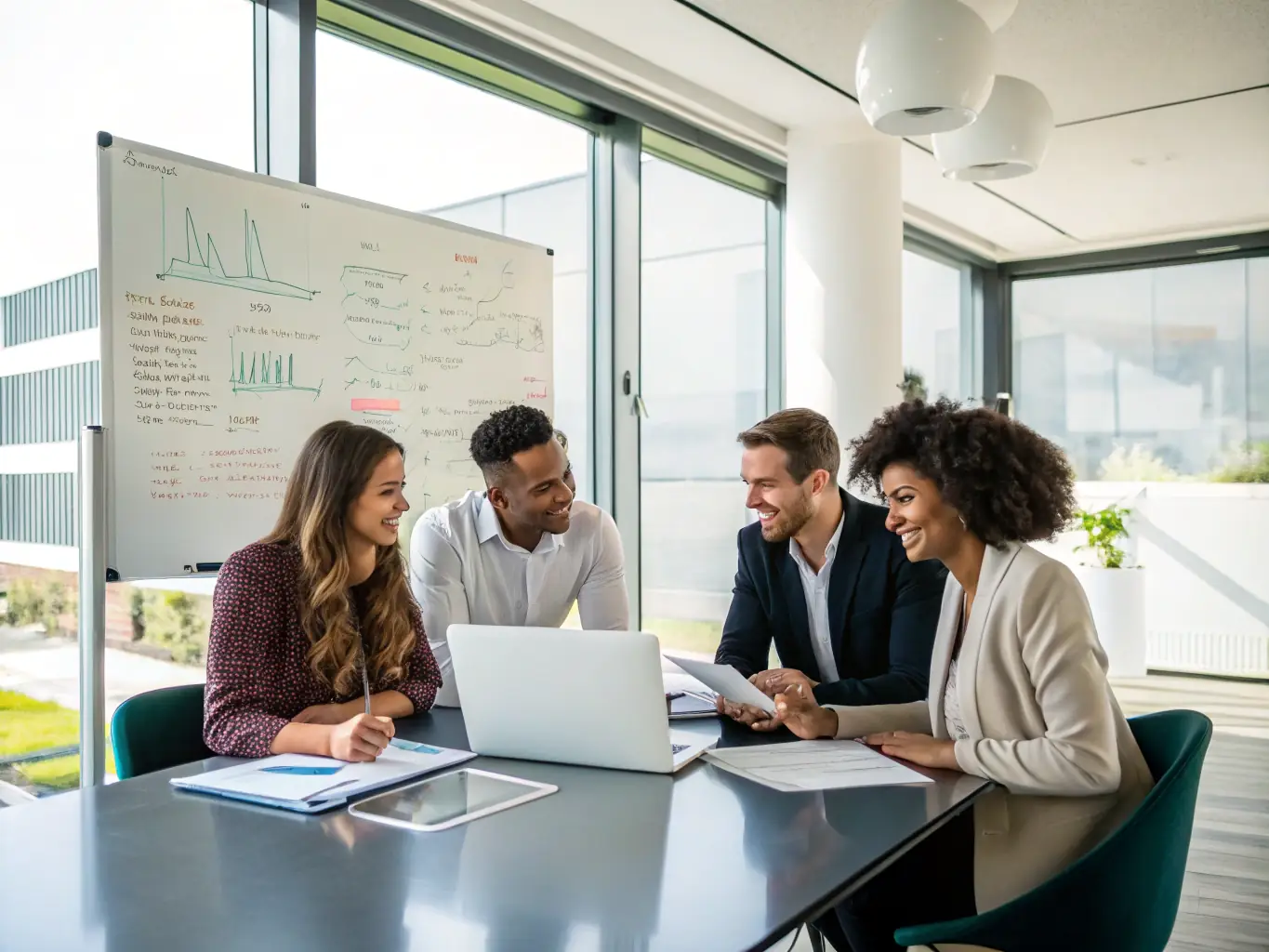 A team of consultants collaborating on a strategic plan in a bright, modern office, representing strategic support services.
