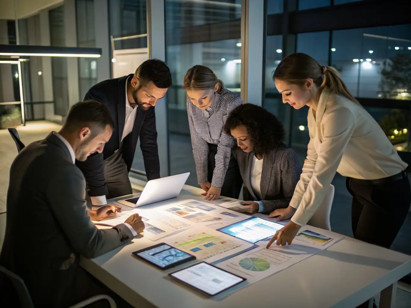A visual of a team analyzing charts and strategic plans on a whiteboard.