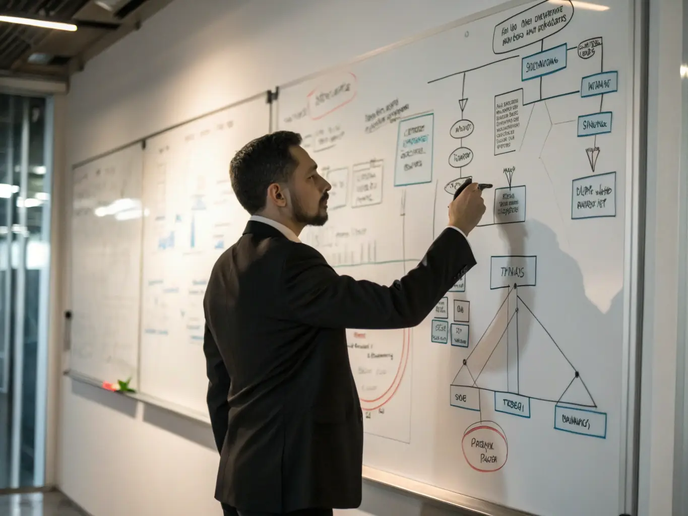 A consultant presenting a process optimization plan to a client, with a flowchart illustrating improved workflows, symbolizing efficiency gains.
