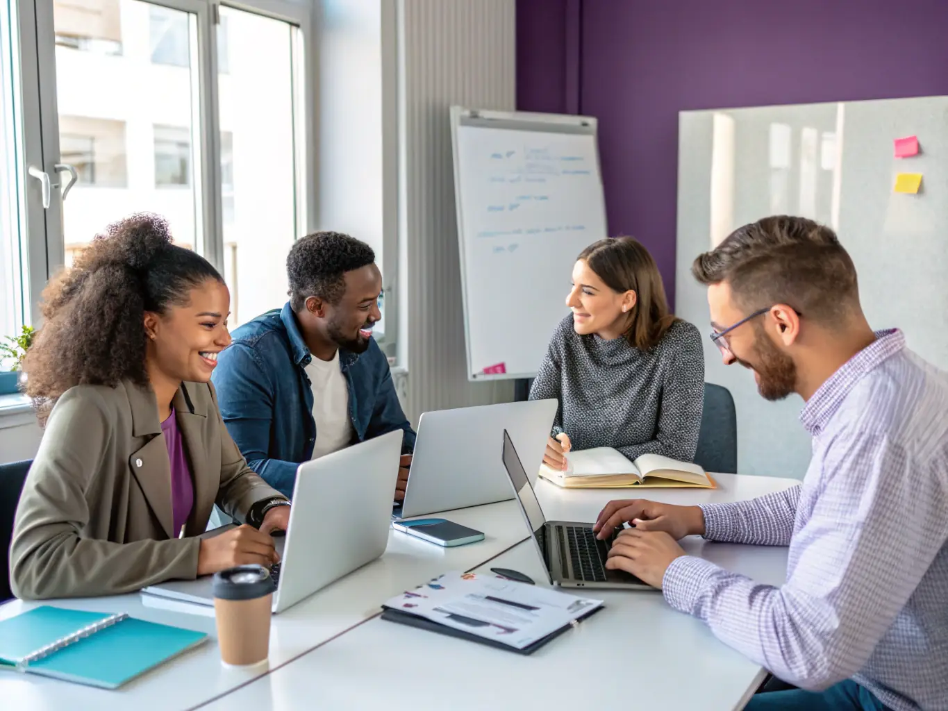 A team of consultants brainstorming ideas in a conference room, with sticky notes on a whiteboard, representing collaborative problem-solving.
