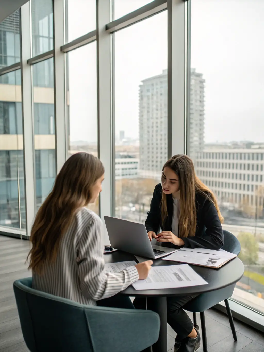 An image of a business consultant discussing strategies with clients over documents and a laptop, symbolizing business advisory services.