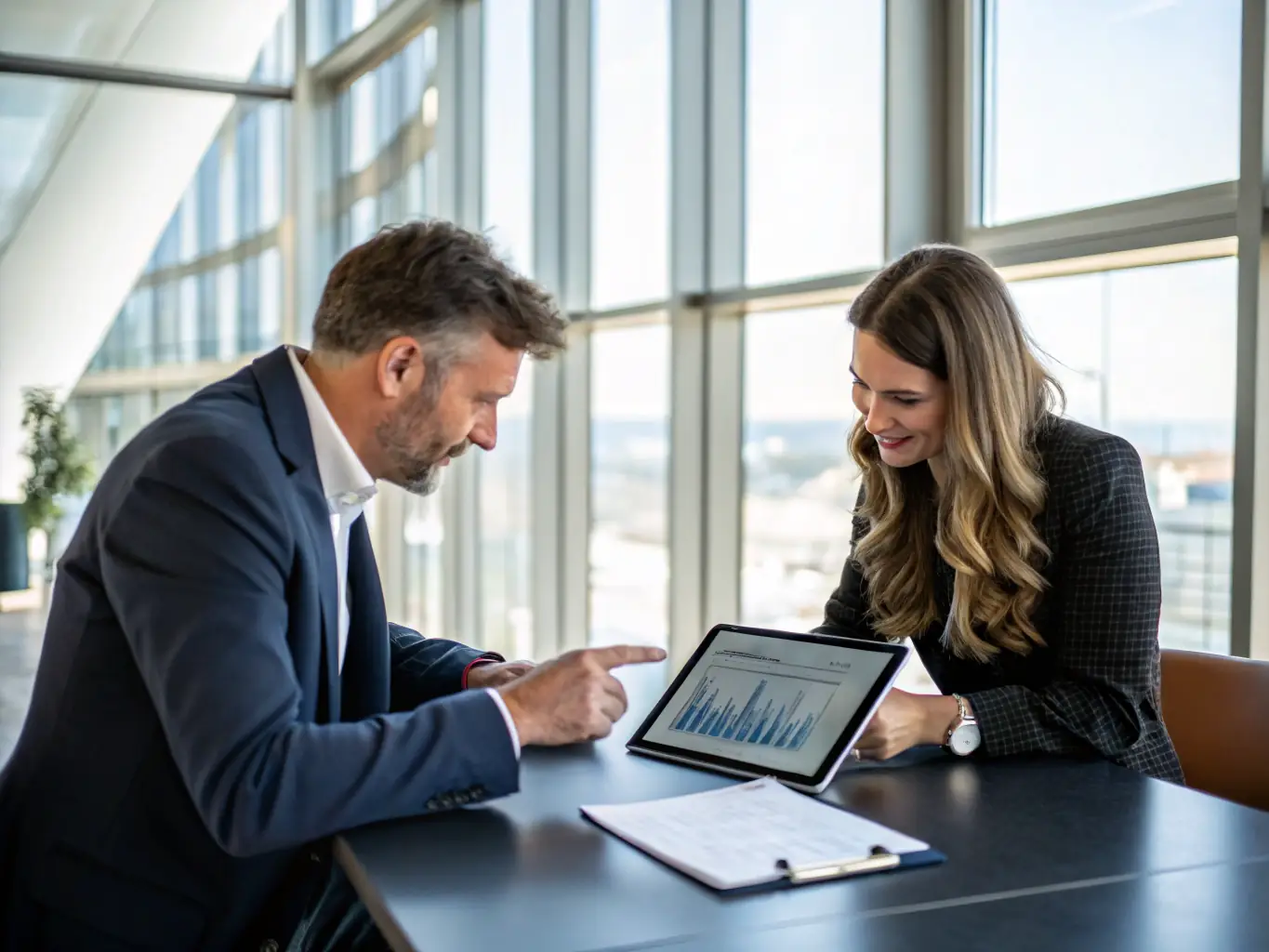 A consultant working with a client in a modern office setting, reviewing data on a tablet, symbolizing business advisory services.